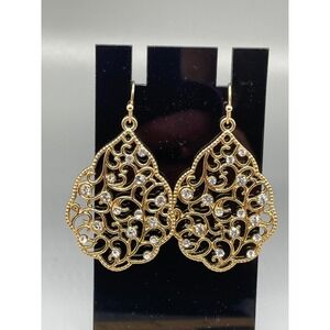 Gold Tone Filigree Teardrop Earrings Rhinestone Accents Boho Statement Jewelry